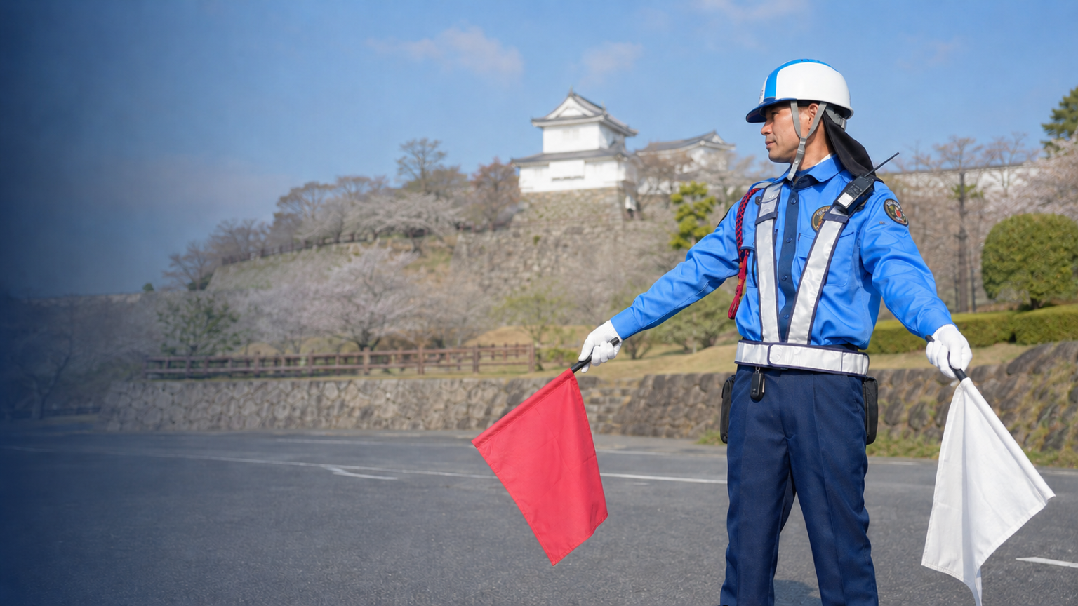 津山城を背景に赤旗で誘導するWIN警備保障の警備員