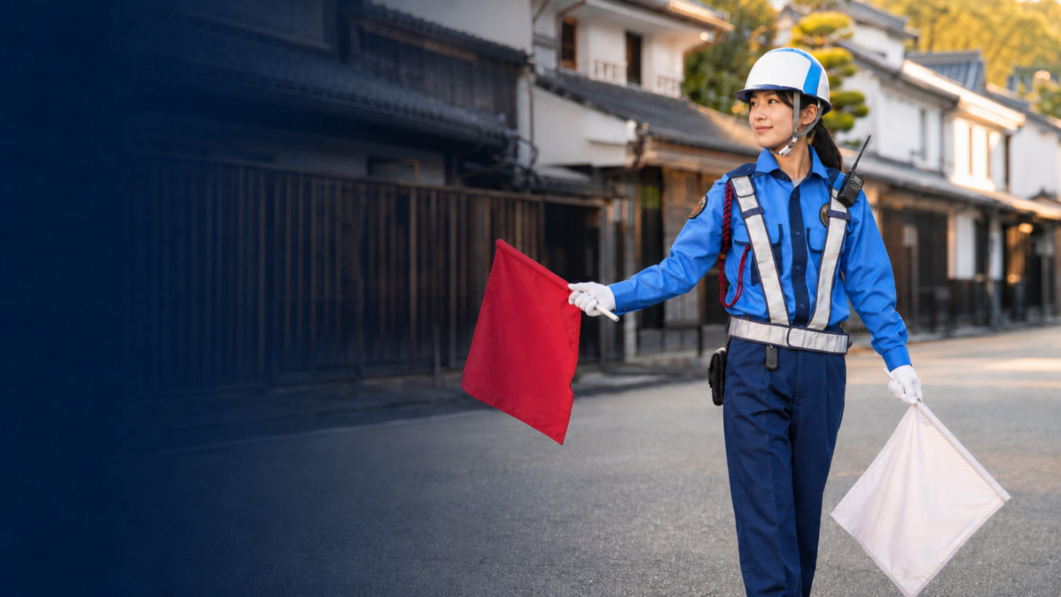 津山市の街並みで勤務するWIN警備保障の警備員